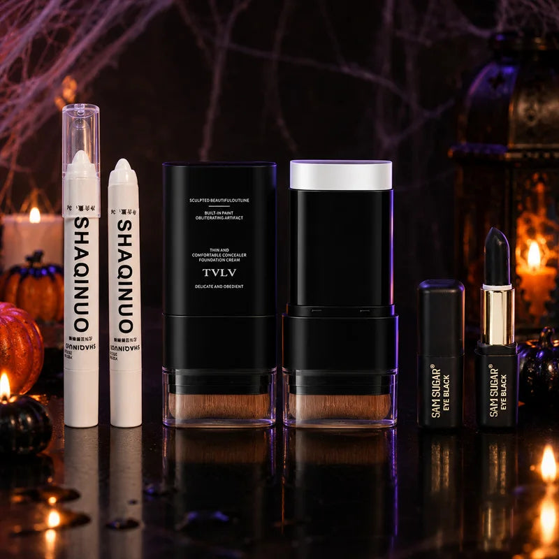 Halloween Gothic Makeup Set with White Foundation, Black Face Paint & Highlighter