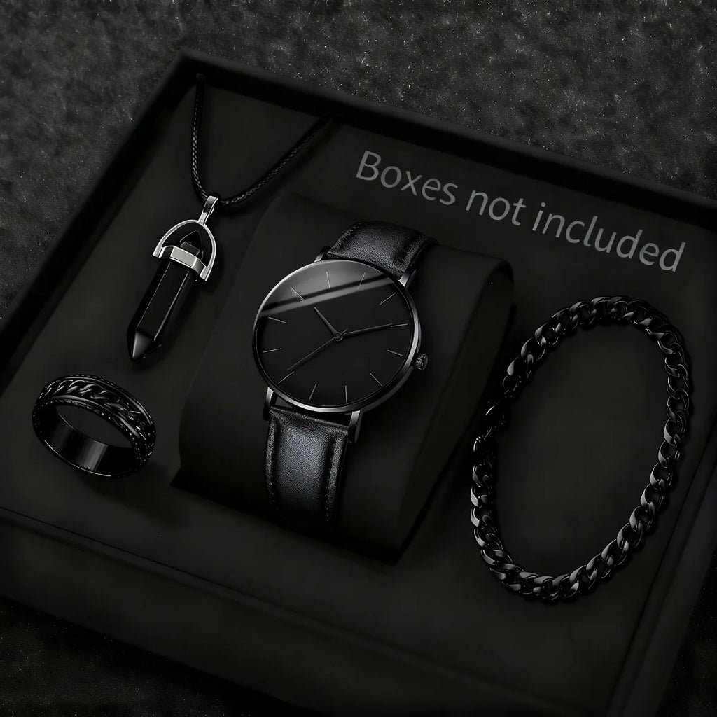 Men's Fashion Watch Jewelry Set - Quartz Wristwatch, Necklace, Bracelet & Ring, Multiple Colors