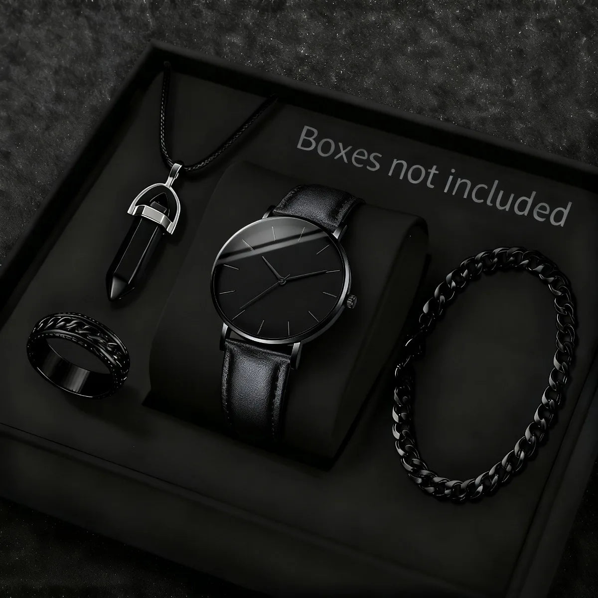 Men's Fashion Watch Jewelry Set - Quartz Wristwatch, Necklace, Bracelet & Ring, Multiple Colors
