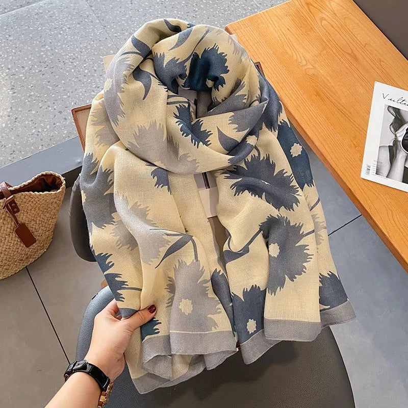 Women’s Versatile Cotton Linen Long Shawl with Silk Scarf