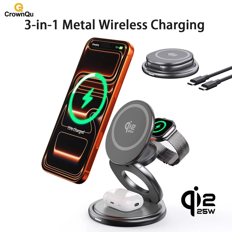Wireless Charger Stand Qi2.2 25W Fast Charging Dock for iPhone, Watch, Earbuds - Metal, 360° Rotation