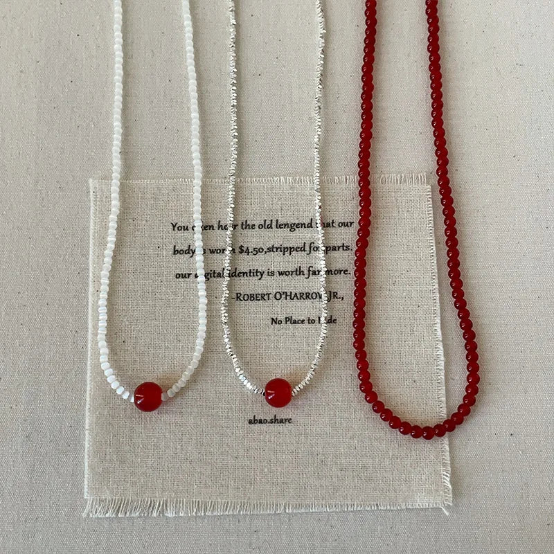French Silver Water Wave Chain with Red Agate Beads Heart Pendant for Women