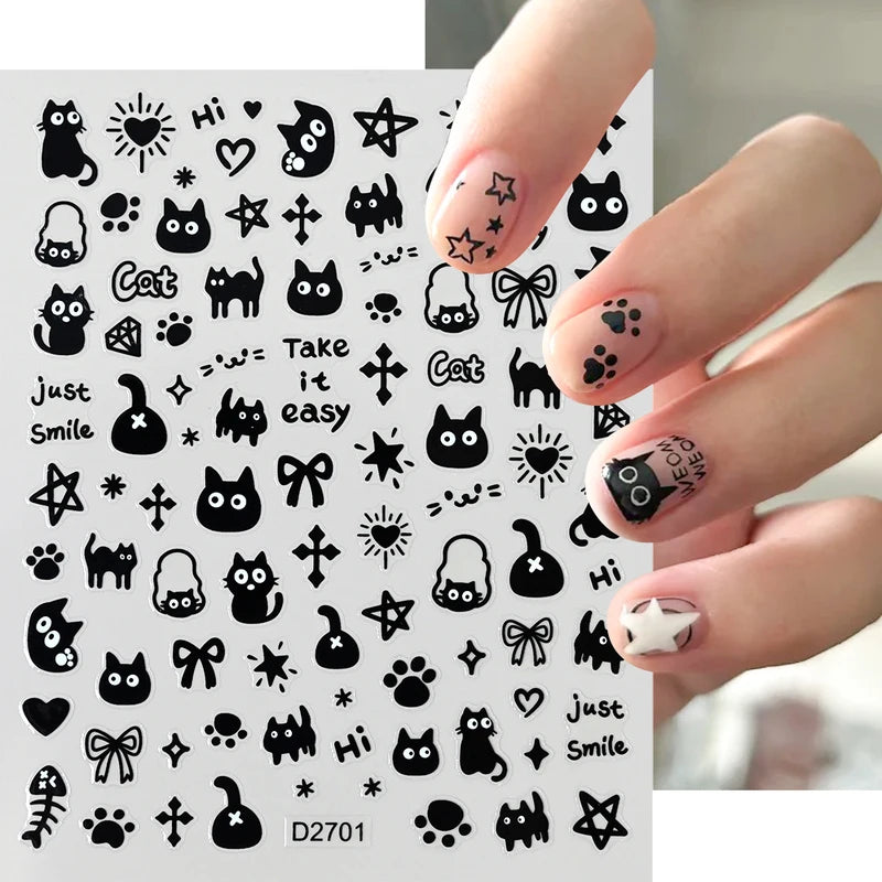 Cartoon Black Cat Nail Stickers Set - Kawaii Puppy Kitten Nail Art Decals