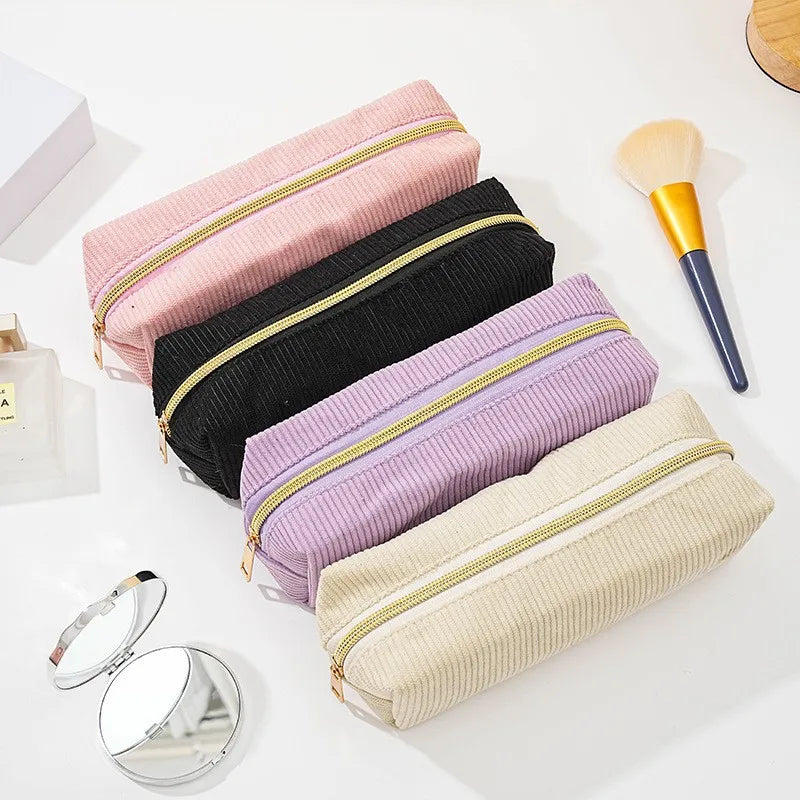 Corduroy Cosmetic Bag for Travel and School - Spacious Makeup & Pencil Organizer