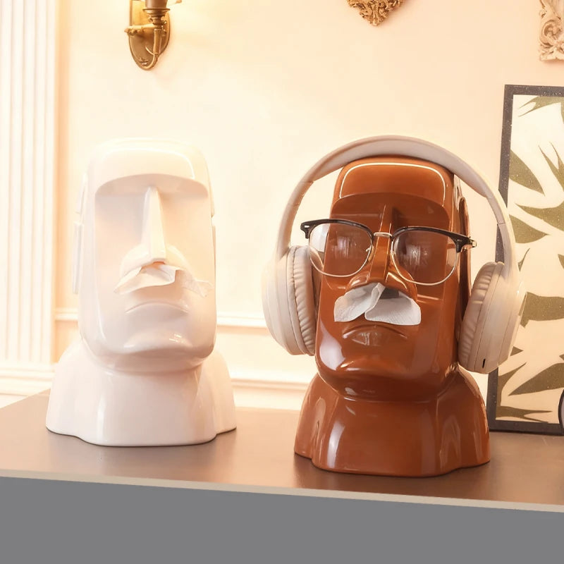 Creative Moai Stone Statue Tissue Box & Earphone Holder - Decorative Home Ornament