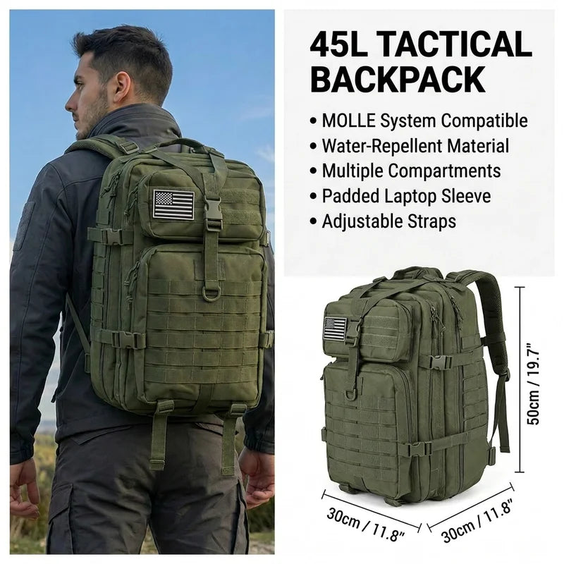 Men & Women 45L Tactical Hiking Backpack Large Capacity Water-Resistant Camping & Trekking Rucksack