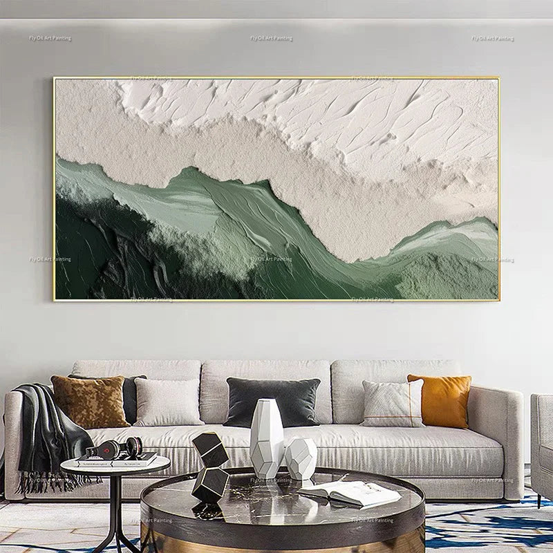 Large Handpainted Green and Beige Oil Painting Wall Art for Room Decor