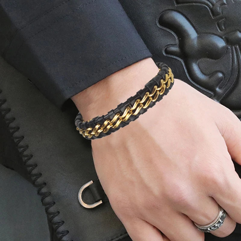 Leather Chain Bracelet for Men with Magnetic Steel Clasp - Gold Plated Jewelry
