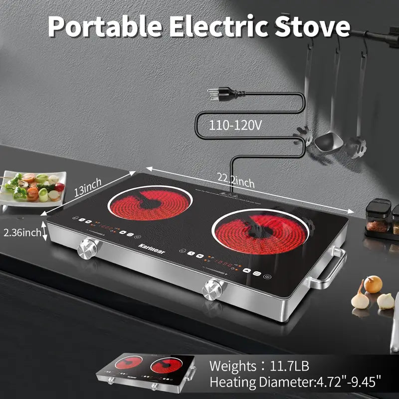 Portable Ceramic Electric Hob 2 Zones 3200W with Safety Lock & Touch Control