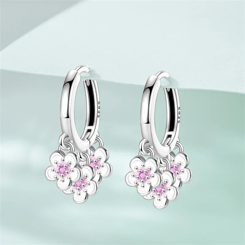 Sterling Silver Four Leaf Clover Hoop Earrings with Colored Zircon for Women