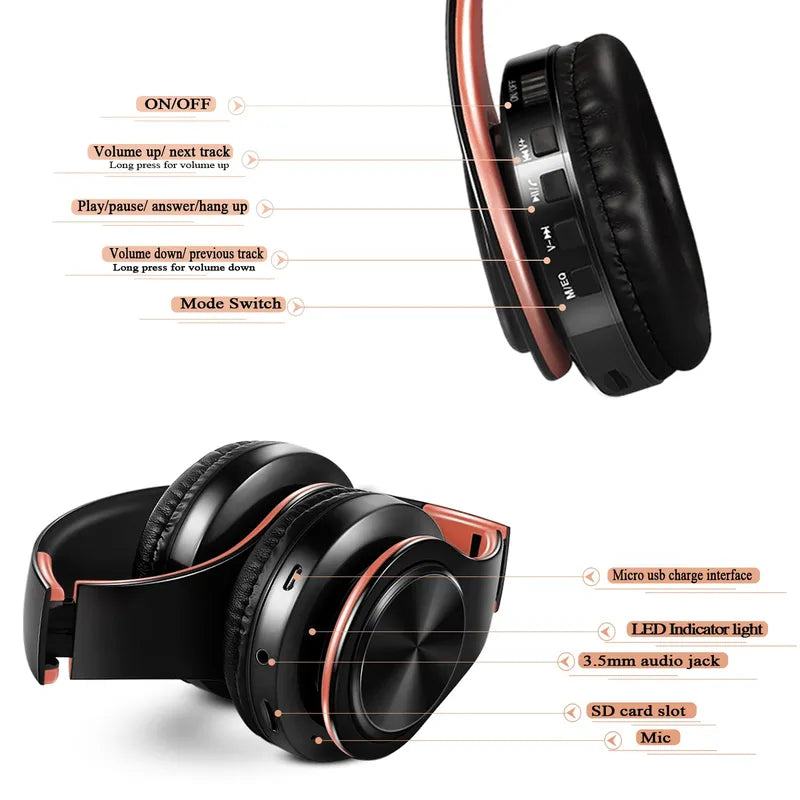 Wireless Bluetooth Headphones with FM Radio Support SD Card Mic Long Battery Life