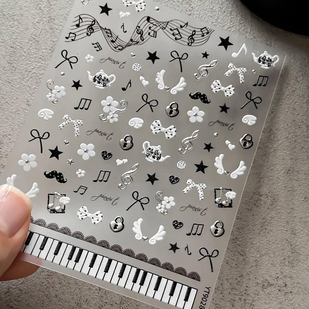 Music Style Nail Stickers - Piano Note Retro 3D Self-Adhesive Nail Art Decals