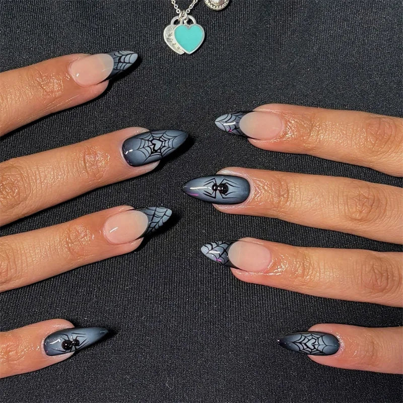 24pcs Halloween Fake Nail Tips with Bat Skeleton & Spider Web Patterns - Press-On Nails