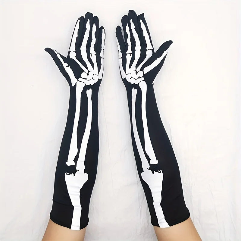 Halloween Skull Gloves Long Elastic Full Finger Costume Gloves