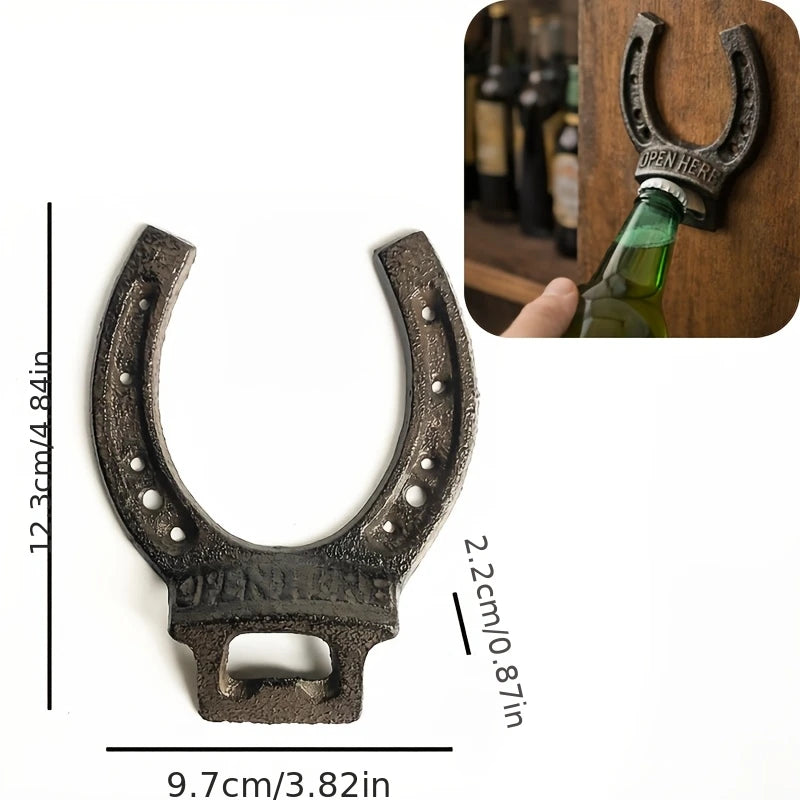 Rustic Cast Iron Horseshoe Bottle Opener Wall Mount Vintage Beer Cap Opener