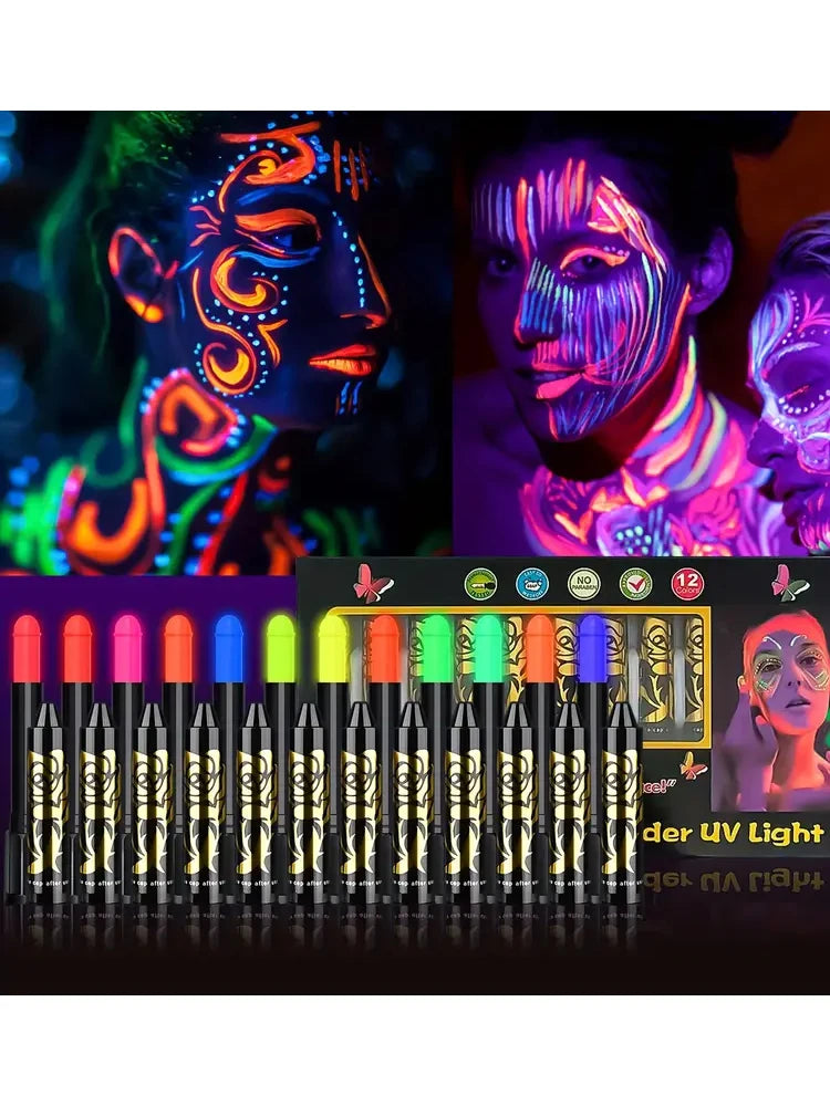 UV Neon Face Painting Crayons Set for Kids - Glow in the Dark Makeup, 12 Colors