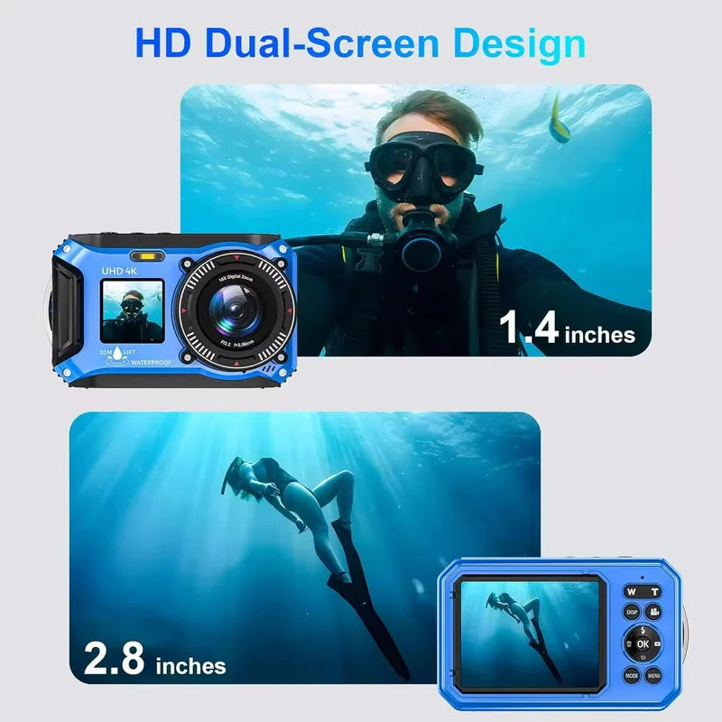 4K Waterproof Underwater Camera for Snorkeling 33FT Dual Screen Digital Camera