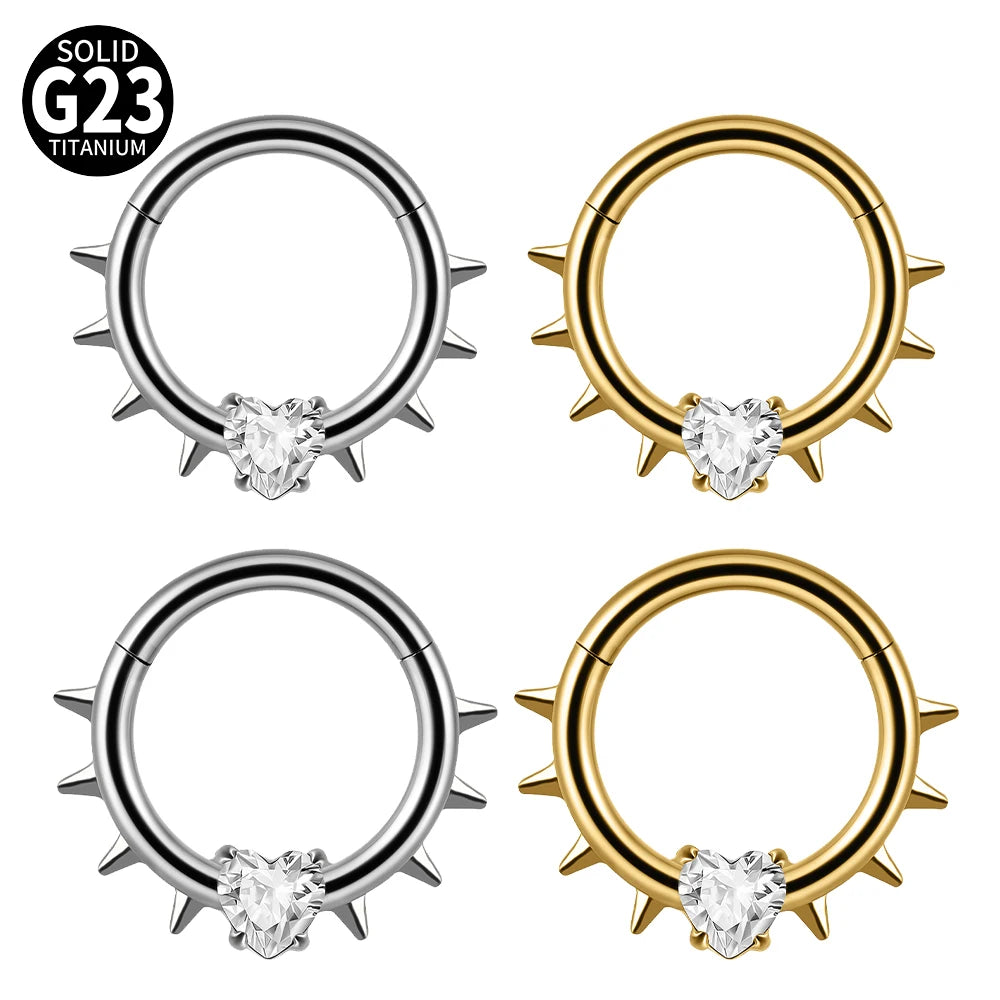 Titanium Septum Nose Ring 16G Hinge Clicker with Zircon Stone - Body Jewelry
