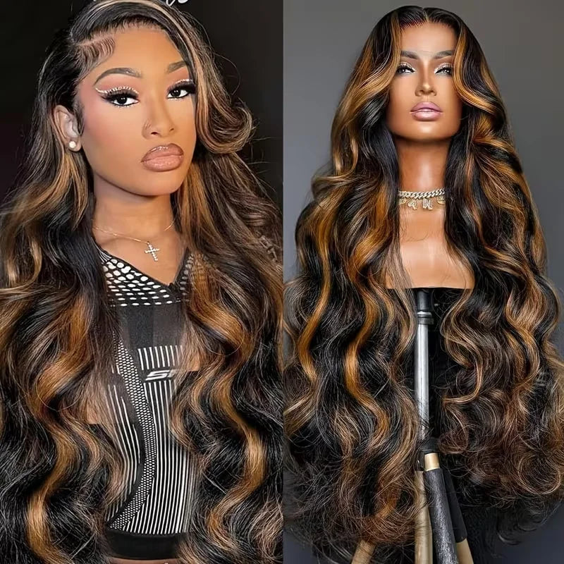 Human Hair Body Wave Wig with Highlights - No Sew In Clip-In Half Wigs 30 Inch
