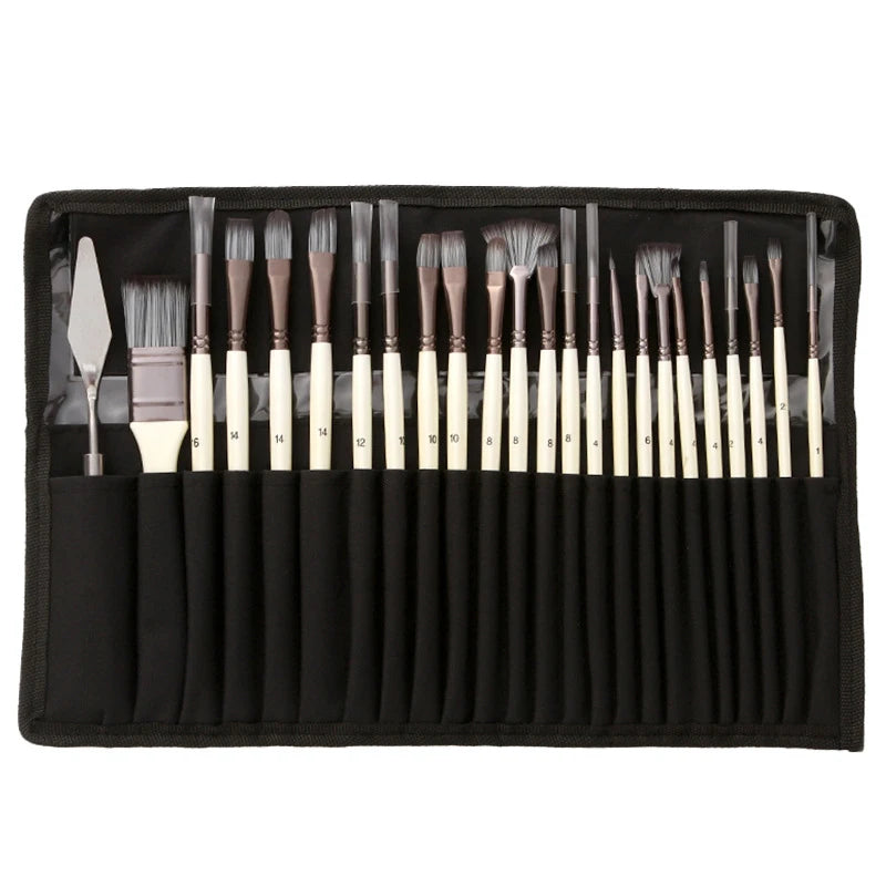 24-Piece Paint Brush Set for Watercolor Acrylic Gouache & Oil Painting - Nylon Hair, Aluminum Tubes