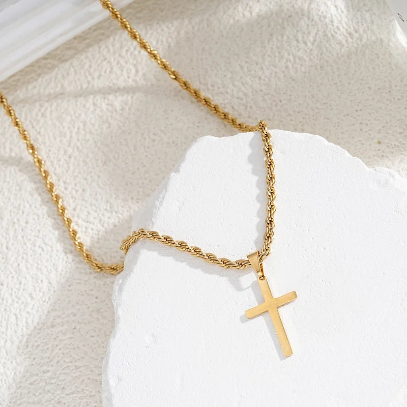 Minimalist Stainless Steel Cross Pendant Necklace for Men Women Gold & Red Brown Variants