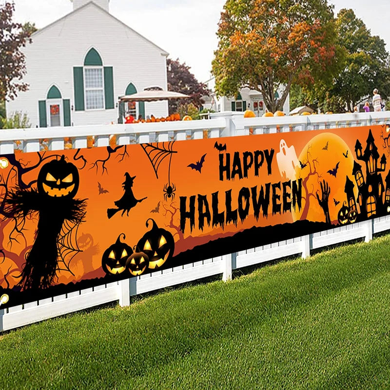 Halloween Outdoor Banner Decoration - Pumpkin & Bat Print Backdrop for Parties