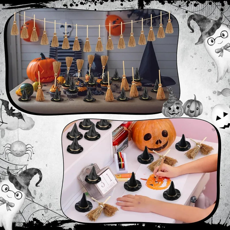 Mini Witch Hat & Broom Set for Halloween Party Decor - 10-50Pcs