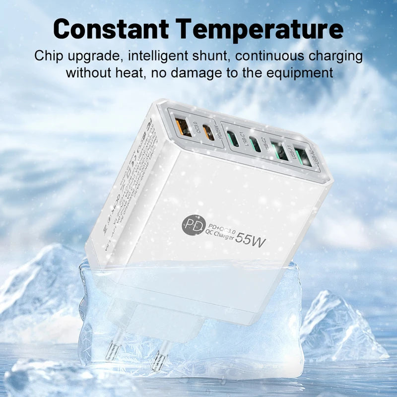 55W Multi-USB Fast Charging Travel Power Adapter with EU US UK AU Plugs