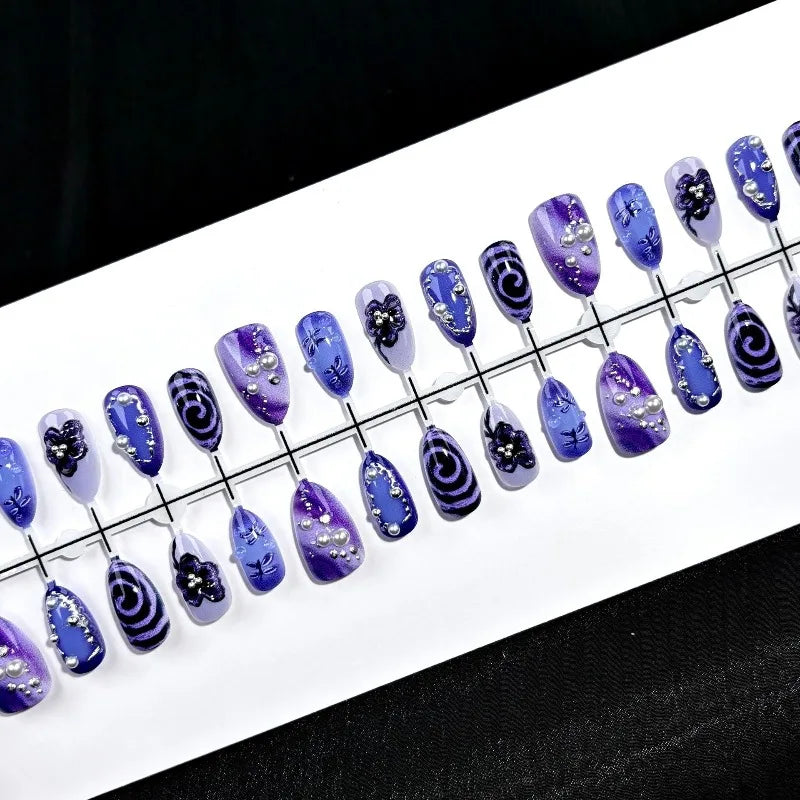 24-Piece Gothic Press-On Nail Set - Purple Flower Swirl Fake Nails for Women