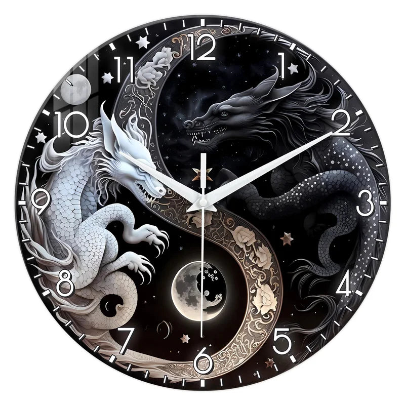 Glass Wall Clock with Dragon Design - Black and White Mythology Wall Decor - Quiet Home Clock