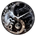 Glass Wall Clock with Dragon Design - Black and White Mythology Wall Decor - Quiet Home Clock