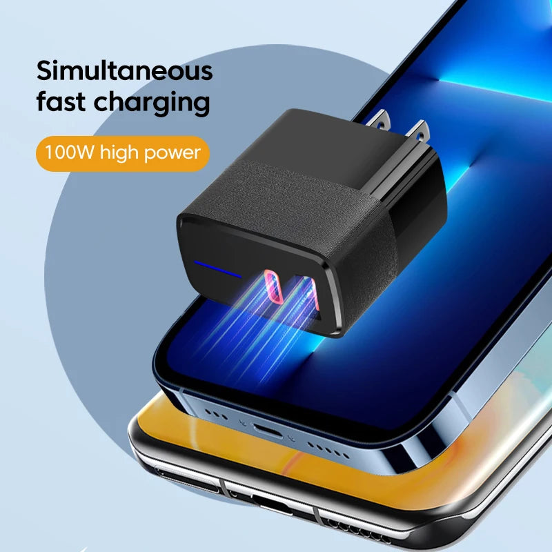 100W USB Fast Charger with 2 Ports PD QC3.0 Type C Phone Adapter for iPhone Samsung Huawei