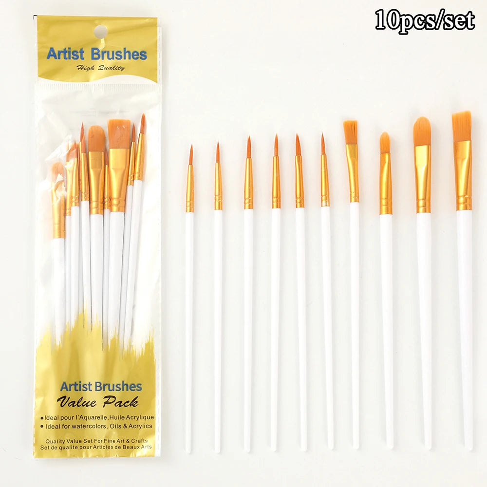 10-Piece Artist Paint Brush Set - Nylon Hair Watercolor & Body Painting Tools