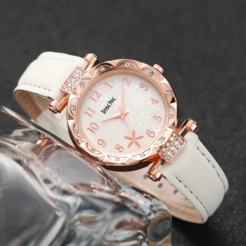 Women’s Fashion Flower Dial Quartz Watch Set with Leather Bands and Bracelets