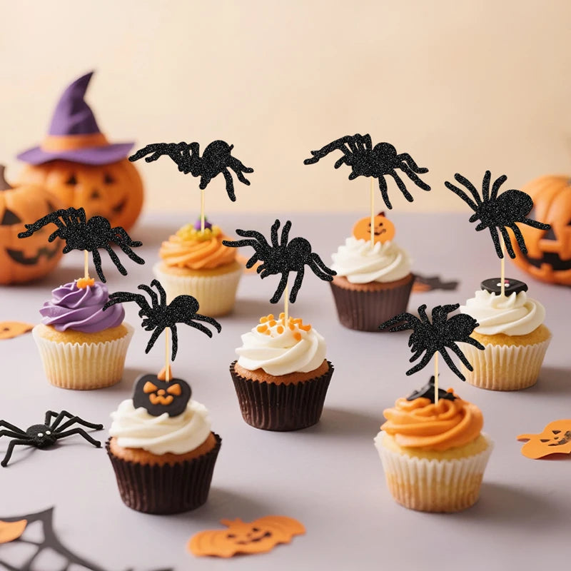 Halloween Spider Cupcake Decorations Set - 24 Glitter Toppers for Party Cakes
