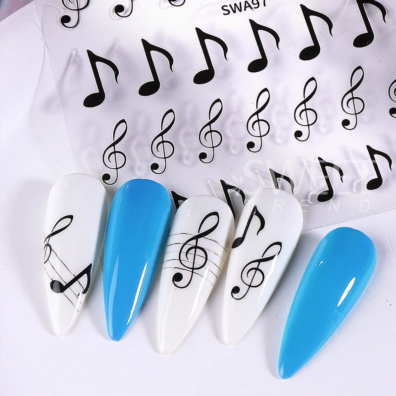 3-Pack Musical Notes Nail Stickers - Black Gold Silver 3D Holographic Decals for Nail Art
