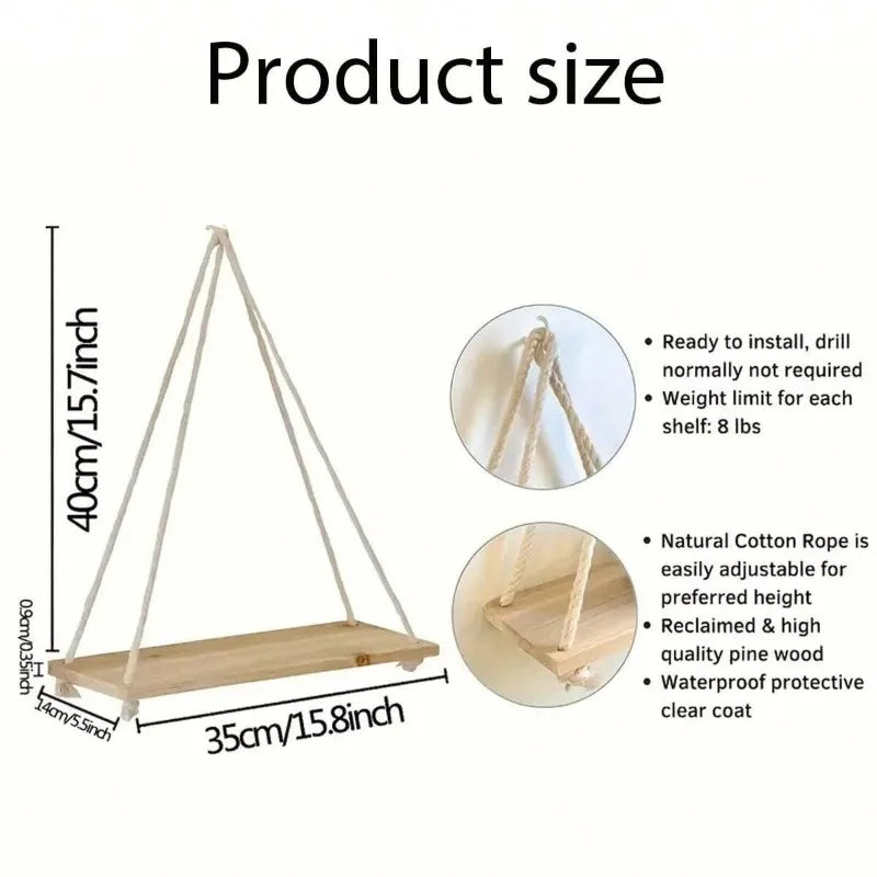 Wooden Floating Wall Shelf with Rope Hanging Plant & Decor Storage