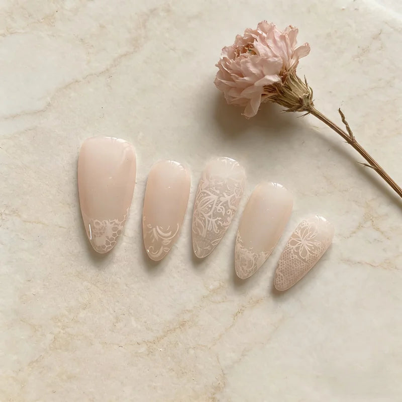 10PCS Handmade Lace Press-On Nails - Reusable Nude Pink French Manicure Almond False Nails
