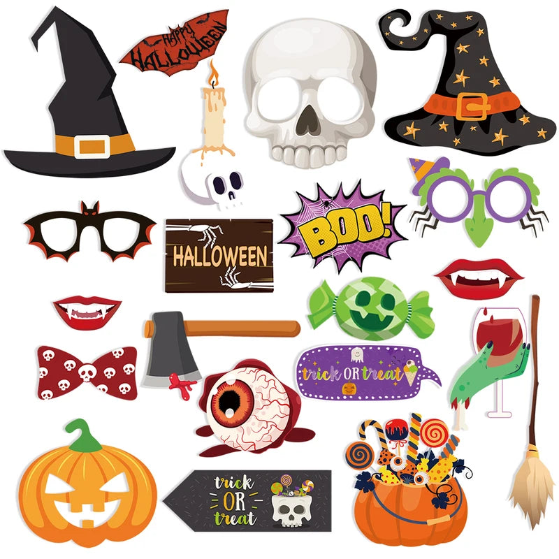 20pcs Halloween Photo Booth Props Set Spooky Skull Pumpkin Selfie Costume Party Decor