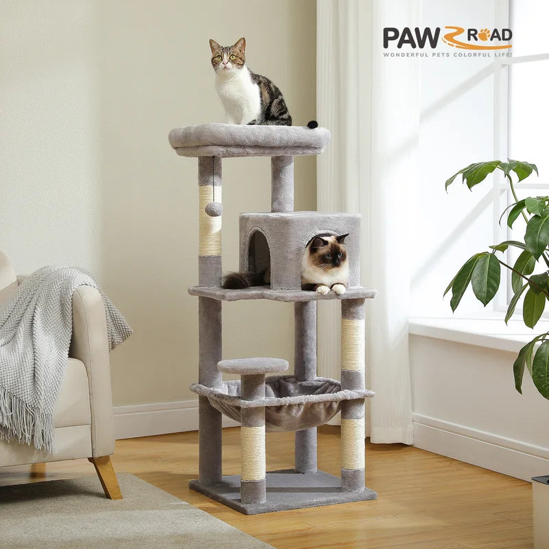 Multi-Level Indoor Cat Tree Tower with Large Hammock and Big Top Perch - Suitable for Large Cats