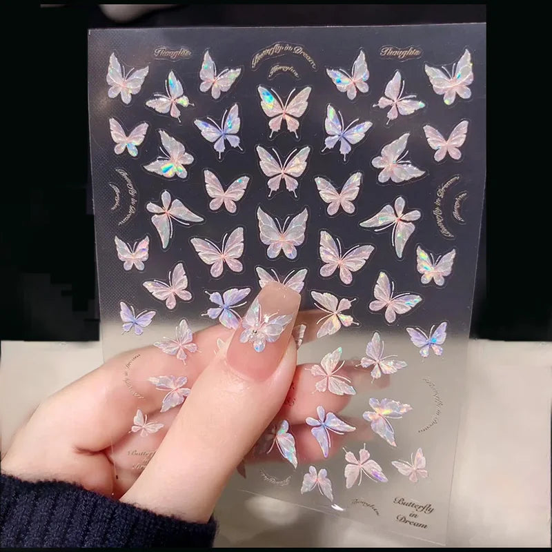 Pink Purple Aurora Shell Butterfly Nail Stickers - Shiny Laser 3D Decals for Nail Art