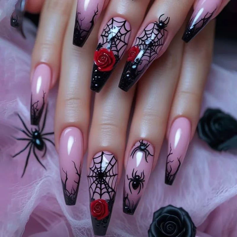 24-Pack Gothic Punk Fake Nail Tips - Spider Design, Press-On Almond Nails