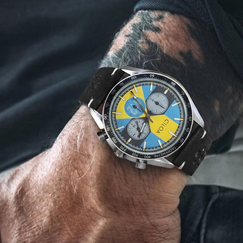 Men's Racing Chronograph Watch with Blue & Yellow Dial and Leather Strap