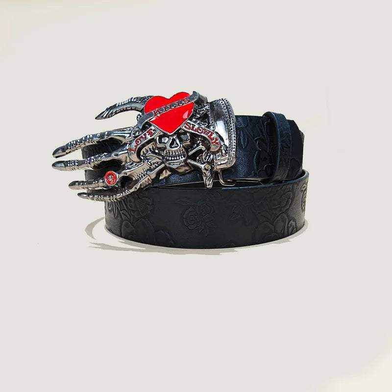 Unisex Punk Skull Leather Belt with Skeleton Hand Embossed Design for Gothic Halloween Accessories