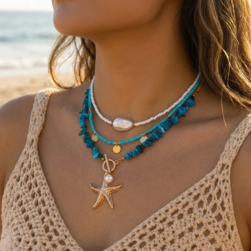 Bohemian Pearl Starfish Pendant Necklace for Women - Trendy Irregular Blue Stone Beads, Link Chain, Beach Party Jewelry