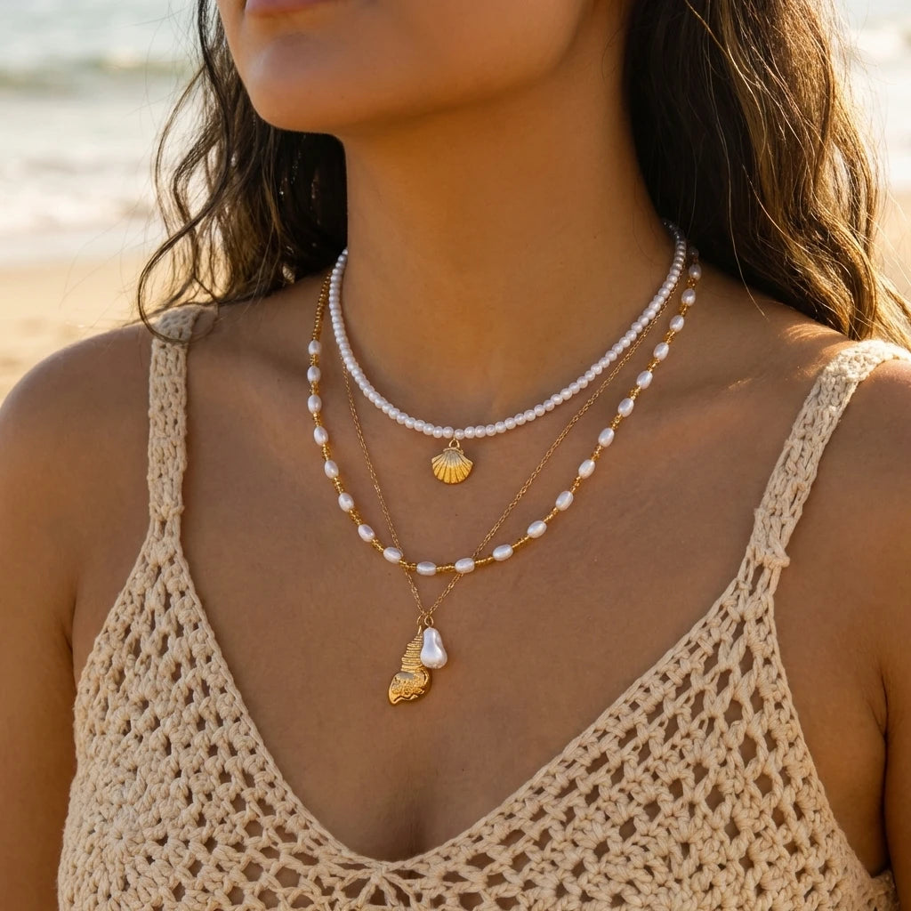 Bohemian Pearl Starfish Pendant Necklace for Women - Trendy Irregular Blue Stone Beads, Link Chain, Beach Party Jewelry