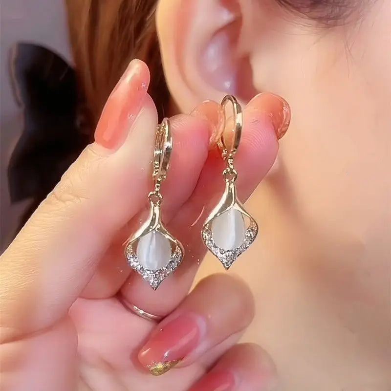 Green Water Drop Cat Eye Earrings for Women - Dangle Jewelry Gift