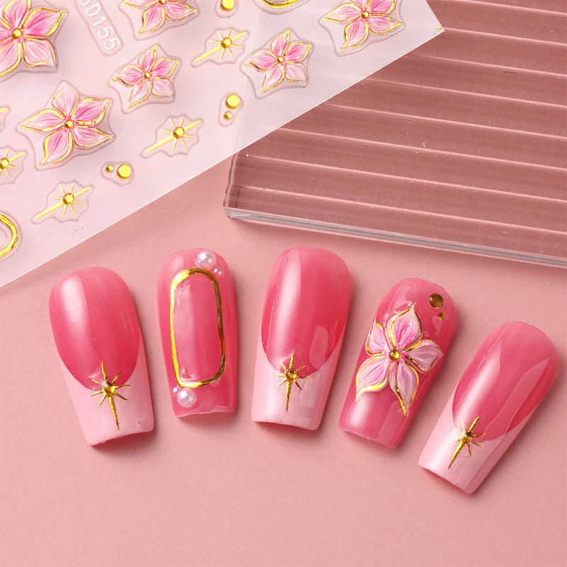 2pcs Embossed Hibiscus Flower Nail Art Stickers with Gold Ring Charms - Manicure Decals