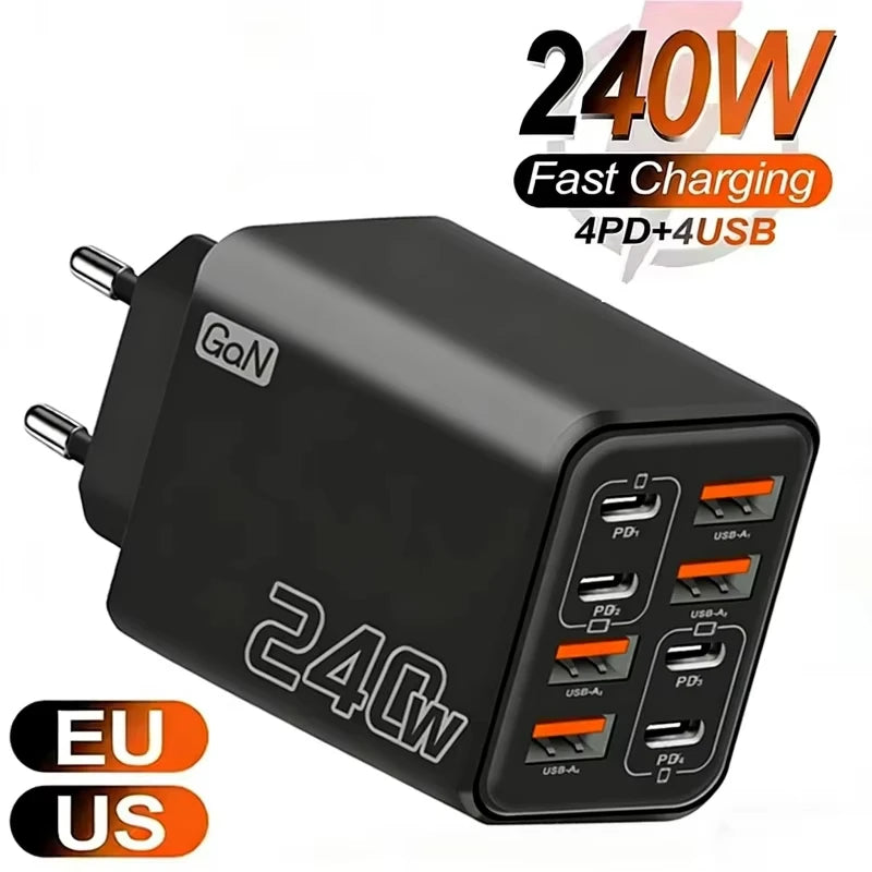 240W GaN USB C Charger 8-in-1 Fast Charging Power Adapter for Smartphones