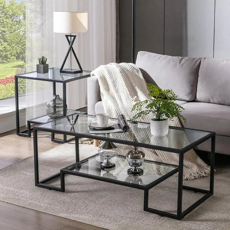 Glass 3-Piece Coffee Table Set with Tempered Top & Black Metal Frame, Storage Shelf, Modern Living Room Furniture